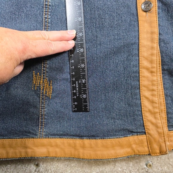 Vintage Fubu The Collection Denim jacket XL Tan Faux Leather Patchwork Jean‎ - Picture 10 of 13